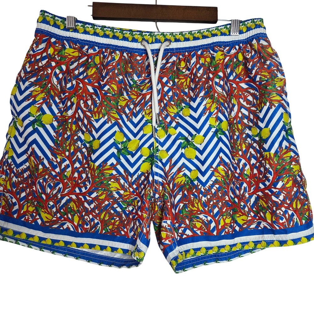 Antica‎ Sartoria Positano Swim Trunks Lemon Coral Chevron Print Drawstring XXL